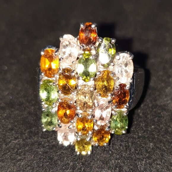 Stunning Multi-Colour  Genuine Natural Tourmaline 925 Silver Cluster Ring - Picture 1 of 11